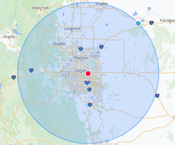Gomez Exterior Solutions service area map, roughly 50 miles around the Denver metro